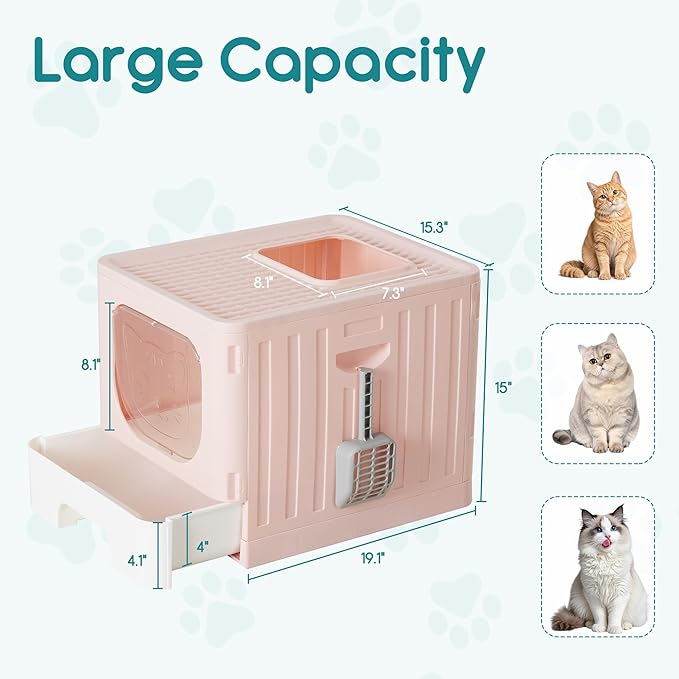OLIXIS Cat Litter Box with Lid, Large Foldable Cat Box with Litter Scoop, Front Entry Top Exit Kitty Litter Box with Door, Easy Cleaning Drawer Design Odor Control, Pink