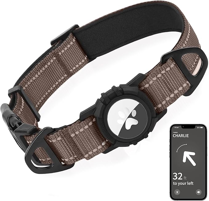Joytale Airtag Dog Collar, Reflective Pet Collar with Waterproof AirTag Holder, Dual D-Rings, Soft Padded Adjustable for Large Dogs, Brown, L