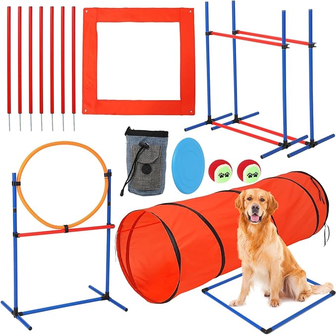 Garvee Dog Agile Training Equipment Set Outdoor Indoor,70" Tunnel + Tire Jump + Hurdle Jump, Weave Poles, Pause Box, 2 Toy Balls, 1 Whistle, Carry Bag, Premium Dog Obstacle Course Kit