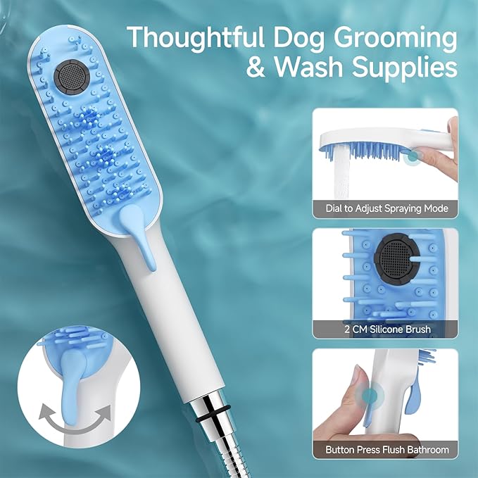 SR SUN RISE Dog Shower Attachment for Thick Haired Dogs, 4 Spray Mode Pet Bath Sprayer with Stainless Steel Diverter Valve & 6.5 Foot Hose, Indoor & Outdoor Dog Washing Grooming Supplies, Blue/White