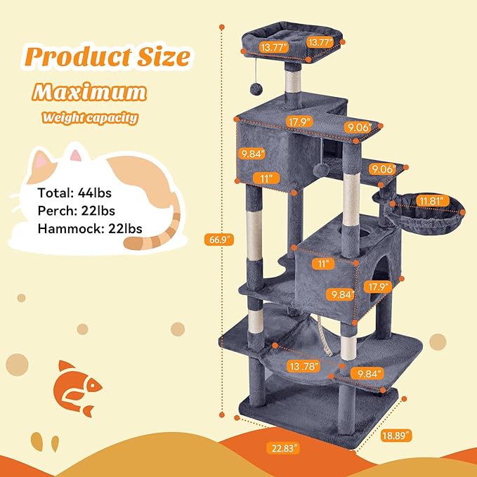 Sweetcrispy 66 inch Cat Tree Tower, Large Multi Level Cat Climbing Tower with Condo, Natural Sisal Scratching Posts, Extended Platform, Hammock, Pet House for Indoor Cats and Kittens Play, Dark Grey
