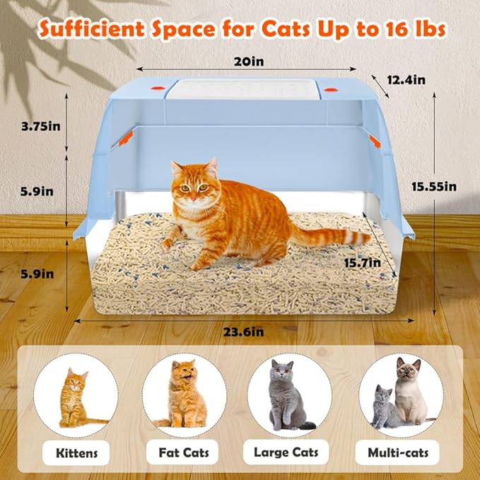 Vivifying Stainless Steel Litter Box with Lid, XL Side Entry Extra Large Litter Box for Big Cats & Kitty, Removable Enclosed Metal Cat Pan with High Sided Enclosure, Scoop, Mat, Footboard (Blue)