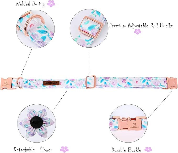 Lionheart Glory Dog Collar, Purple Dog Collar with Flower, Cute Floral Pattern Pet Collar Adjustable Dog Collar for Medium Dogs