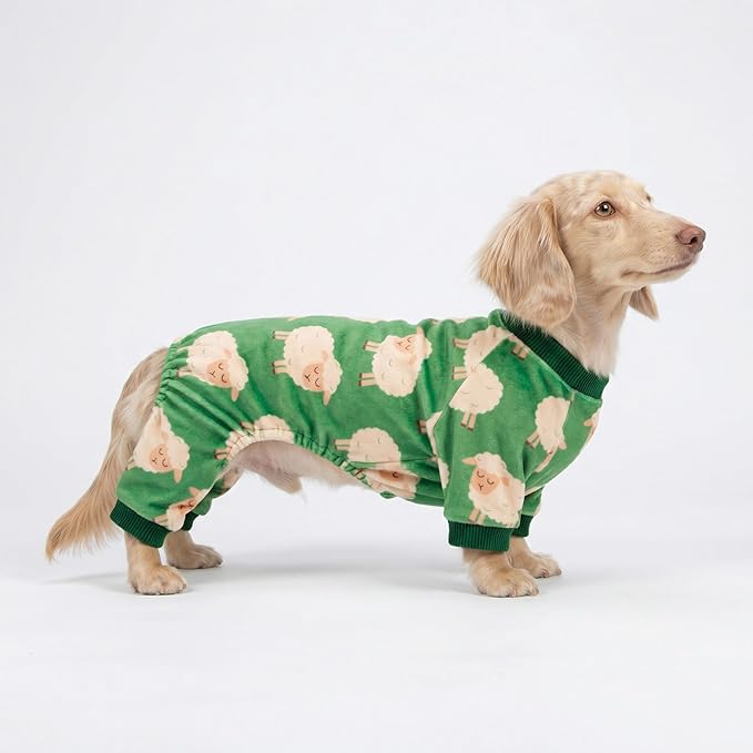 Fitwarm Funny Sheep Dog Pajamas, Warm Winter Dog Clothes for Small Dogs Boy Girl, Cozy Pet Onesie with Feet, Green, White, Medium