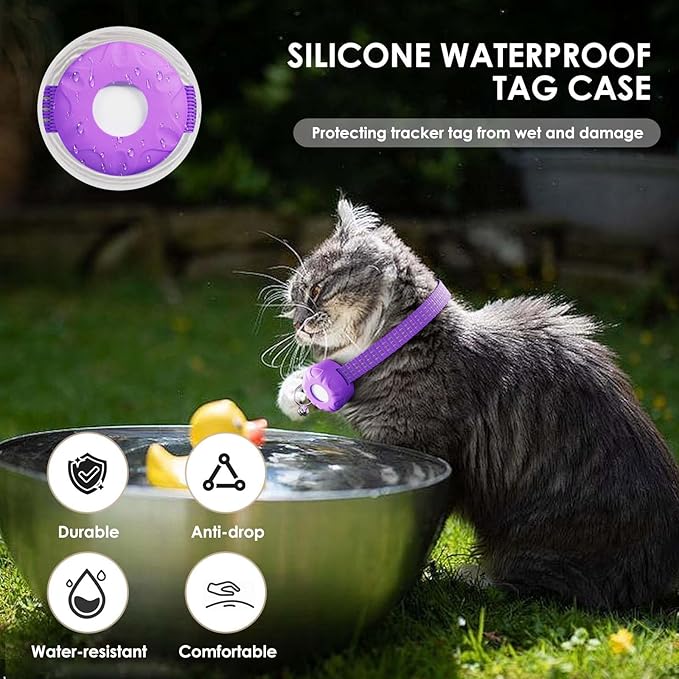 Smart Cat GPS Tracker, Cat Tracker Compatible with Apple Find My App (Only iOS), No Monthly Fee, Waterproof (White Tracker, Purple Cat Collar)