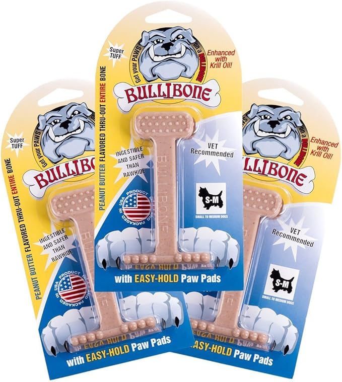 Bullibone Nylon Dog Chew Toy for Aggressive Chewers - Dental Hygiene Bone with Peanut Butter Flavor, Durable Tough Chew Toys for Small Dogs, Indestructible Dog Bone - 3 Pack