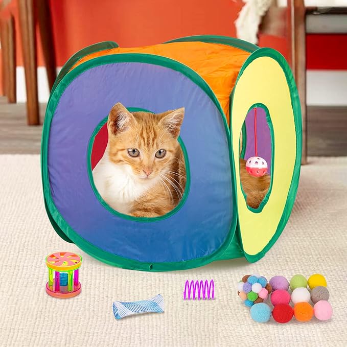 Retro Shaw 33Pcs Cat Toys for Indoor Cats Kitten, Collapsible Play Tunnel with Interactive Feather Wand, Bell Balls, Springs & Plush Mice Tent for Boredom Relief, Exercise & Kitty Hunting Instinct