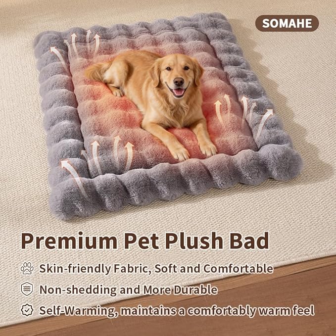 Self-Warming Dog Bed, Plush Faux Fur Mat with Anti-Slip Bottom, Ultra Soft Heated Pet Bed for Medium Large Dogs, Cozy Fluffy Pad for Carriers Couch Crate, Machine Washable, 35 x 27 Inch Grey