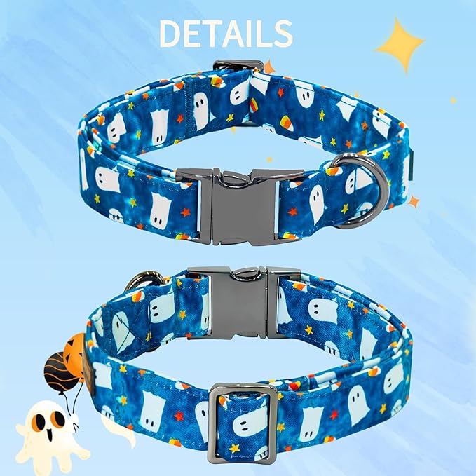 Halloween Dog Collar, Ghost Print Adjustable Pet Collar Blue Cute Cotton Soft Collars with Bow Tie Fall Metal Buckle Holiday Puppy Collars Boy&Girl Gift for X-Large Dogs