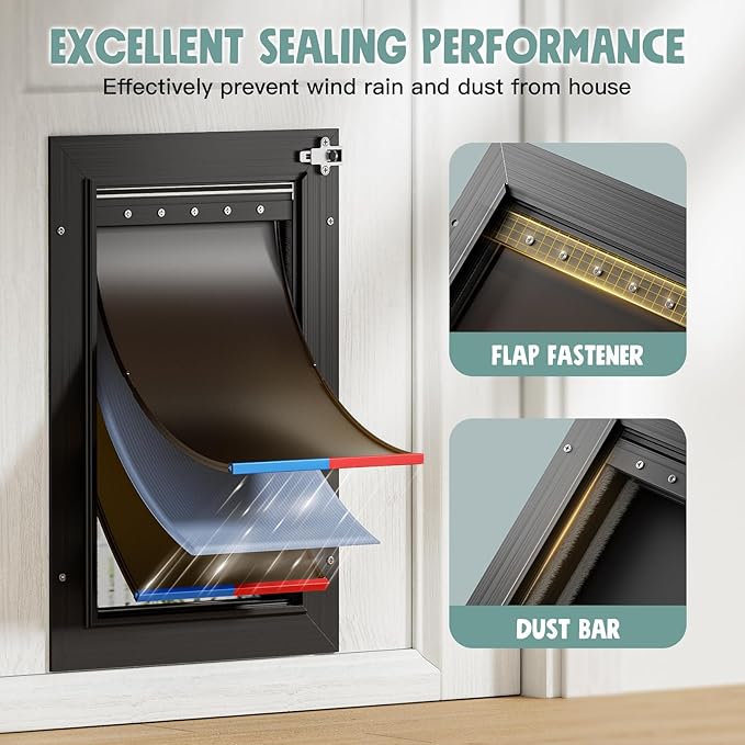 Dog Door For Door All Aluminum 3 Flaps, Medium Doggy Doggie Door, Cat Door Black, Heavy Duty Pet Door for Dogs Cats, With Insulation Flap, Telescoping Tunnel, Sliding Closing Panel, for Pet Up to 45lb