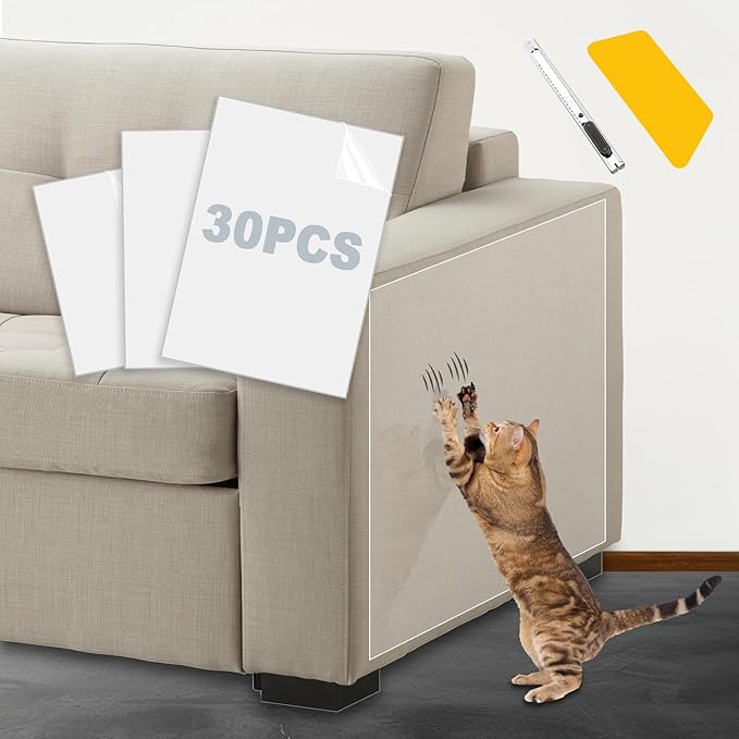 Cat Scratch Furniture Protector, Cat Scratching Mat, Trimmable Self-Adhesive Cats Claws Scratch Pads, DIY Carpet Mat Replacement for Cats Tree, Cats Wall Shelves (Transparent, 16x12in-30pcs)