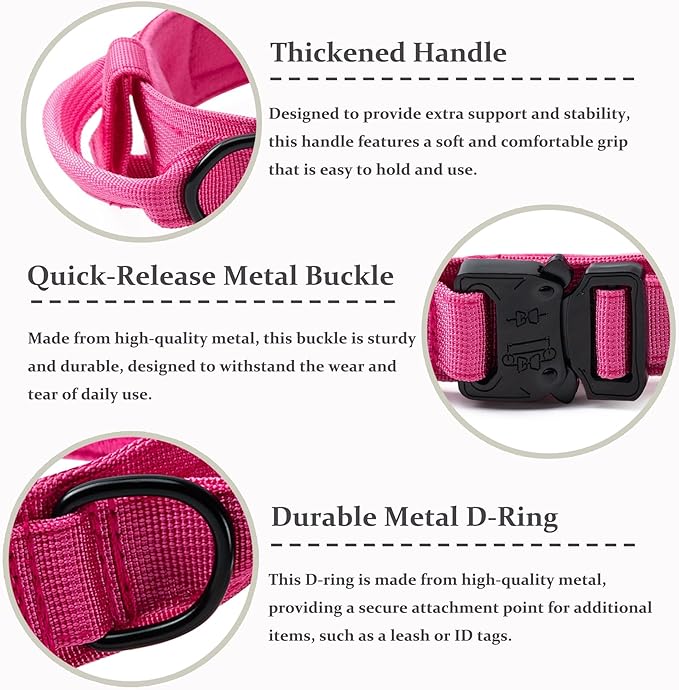 Tactical Dog Collar, Adjustable Military Training Nylon Dog Collar with Control Handle and Heavy Quick-Release Metal Buckle for Small Medium Large Dogs,Pink XXL
