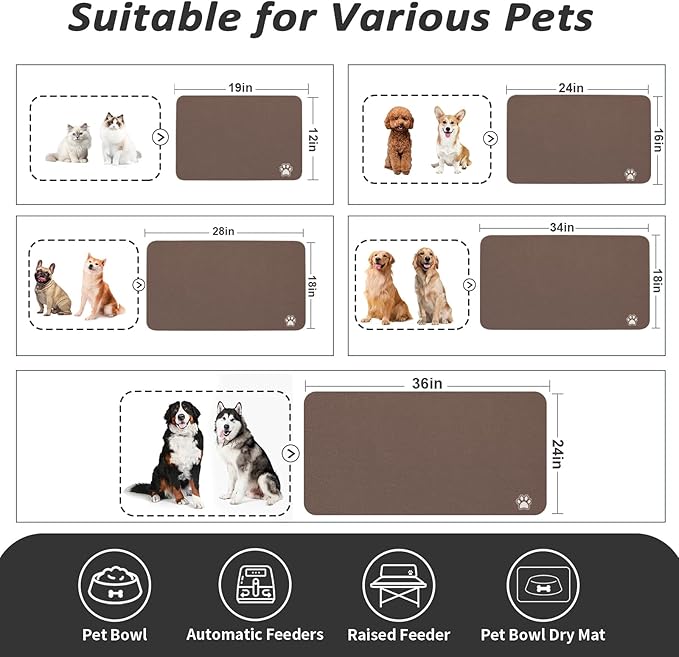 Dog Food Mat - Absorbent Cat Mat for Food and Water, No Stains Pet Feeding Bowl Mat, Easy to Clean Pet Placemats, Quick Dry Dog Water Dispenser Mat for Messy Drinkers | Paw Brown 24"x36"