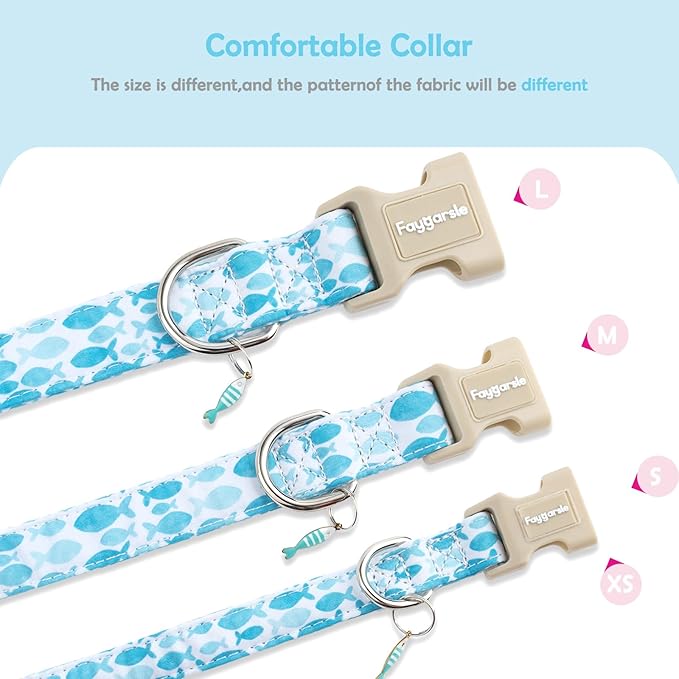 Faygarsle Fish Pattern Dog Collar, Adjustable with Buckle, Blue and White, Summer Design for Small Medium Large Dogs XS