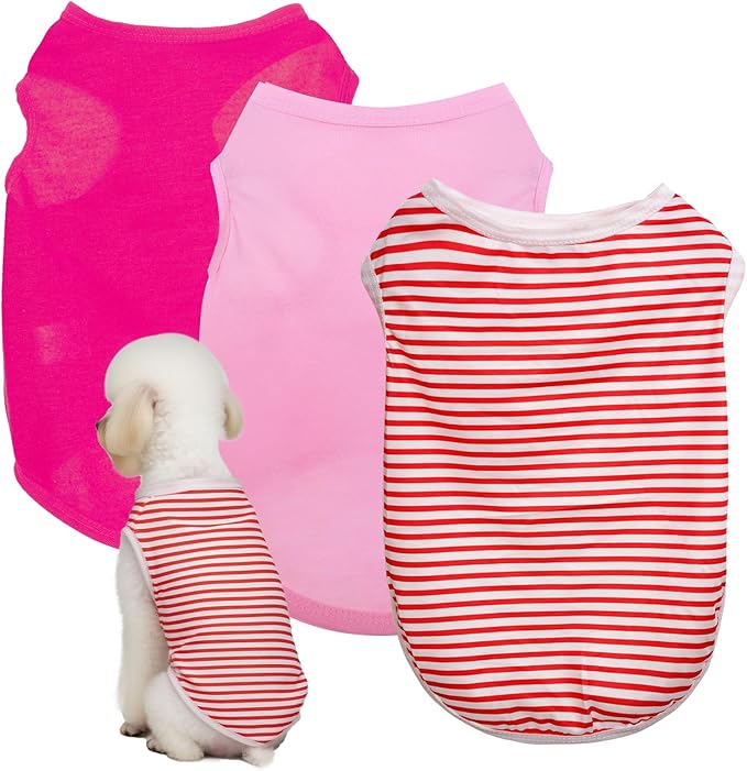 3 Pcs Cat Shirts Solid Color Dog Clothes Summer Sleeveless Stripe Pet T Shirts for Small Pet Dogs Cats (Red, Medium)