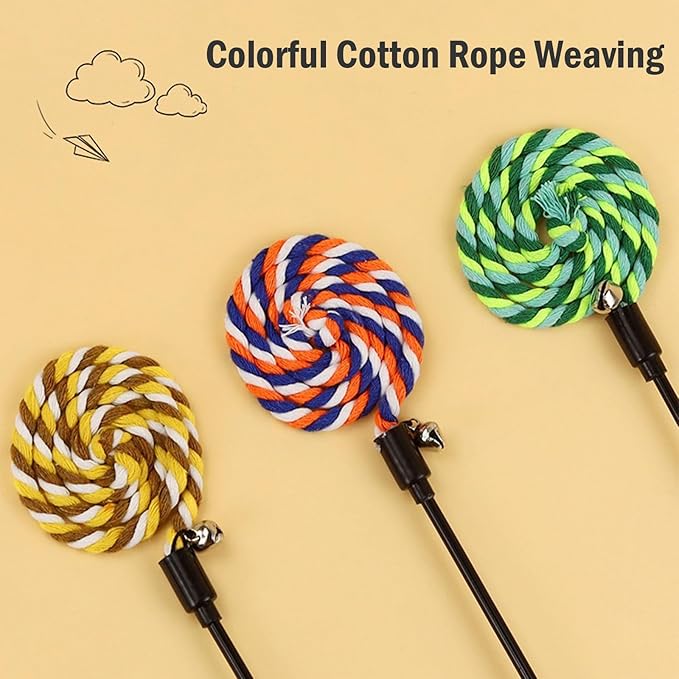 KABASI 3PCS Cat String Wand Toys, Colorful Interactive Cats Teaser Wand with Bell, Plush Srtip Teaser Toy Cat Rope Stick for Indoor Kitten Having Fun Exerciser Playing