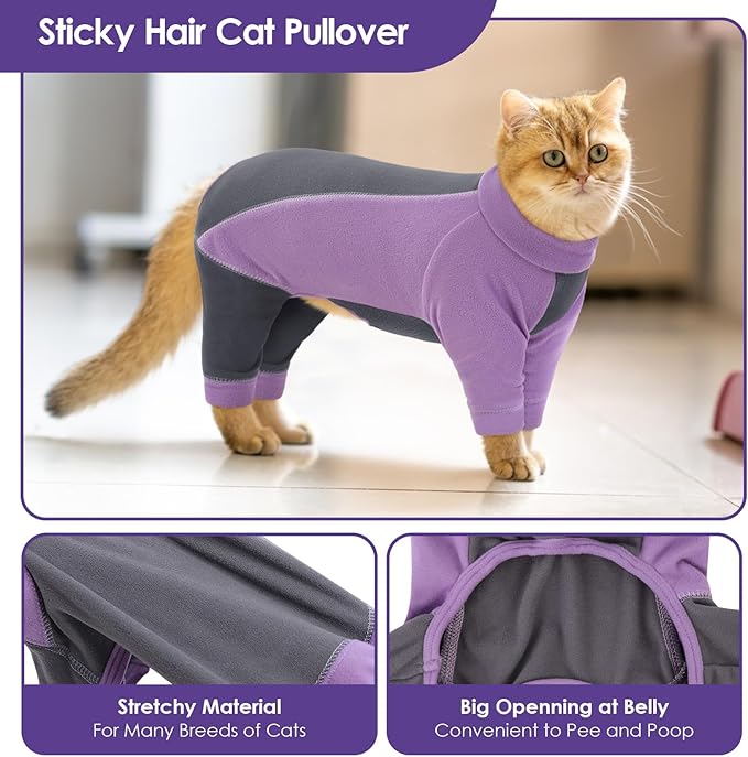 SUNFURA Hair Sticky Cat Clothes, Cat Sweater for Cats Only, 4-Legged Fleece Sweaters Kitten Pajamas Reduce Shedding Fur, Warm Pullover Shirts for Cats, Purple XL
