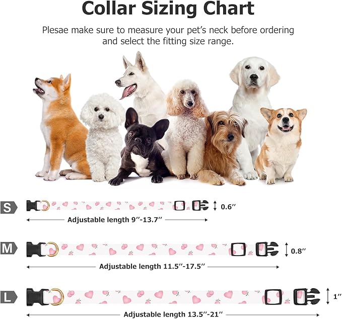 Cotton Handmade Dog Collar Cute and Distinctive Patterns White and Pink Love Heart with Pendant for Girl Boy Dogs Collars S