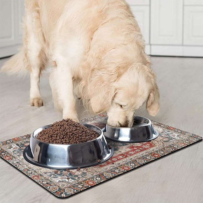 Dog Food Mats for Floors, Absorbent and Quick-Drying Pet Cat Food Mat,Anti-Fouling and Easy-to-Clean Pet Feeding Mat,Dog Bowl Mat for Messy Drinking Water Bowls.12 x20, Bohemia Style