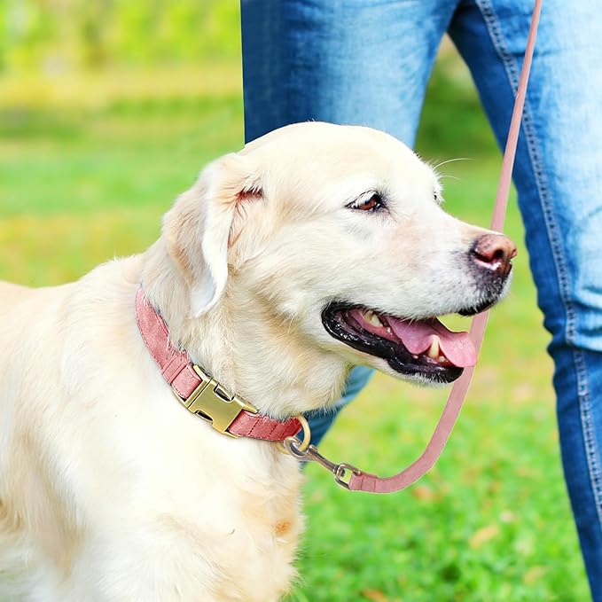 Genuine Leather Dog Collar - Adjustable Pet Collar with Quick Release Metal Buckle, Soft Skin Friendly Real Leather Collar for Small, Medium, Large Dogs (Pink, L：Fit 15-23" Neck)