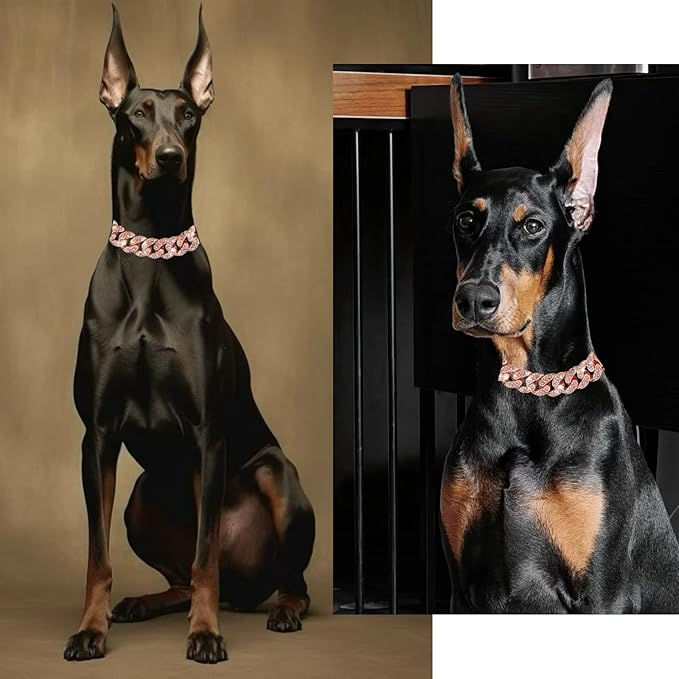 Cuban Link Dog Chain Collar Rose Gold Crystal Dog Necklace Metal with Design Secure Buckle Pet Collar Jewelry Accessories for Small Medium Large Dogs Cats(Rose Glod 24inch)