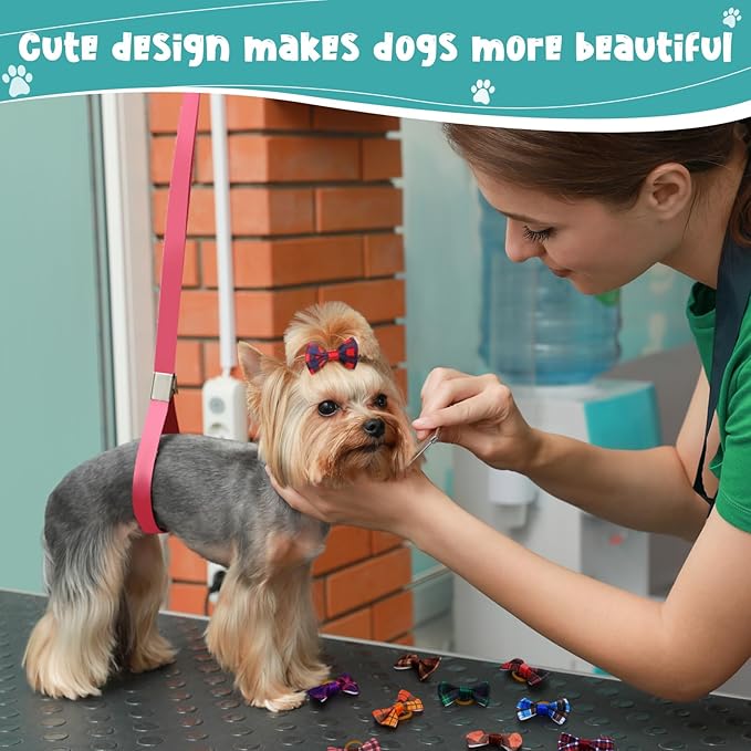 60 Pcs Cute Puppy Dog Hair Bows Small Bowknot Hair Bows with Rubber Bands Handmade Knot Accessories Pet Grooming Products for Holiday Birthday Gift(Plaid)