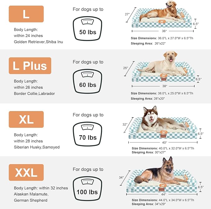 Large Dog Bed Orthopedic Washable: Beds Bolster XXL Bed Big XLarge Dogs Egg Crate Foam Sofa Couch Waterproof Removable Cover - Green Grid