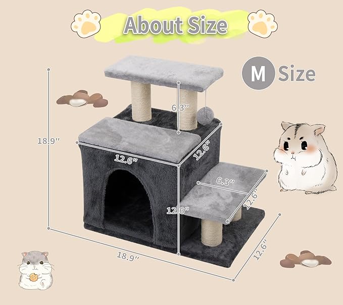 3-in-1 Pet Stairs for Cats for High Bed, Adjustable Dog Steps, Modular 3-Tier, Cushioned Steps & Cat Condo, Adjustable Entrance, Dangling Ball, for Kittens, Senior & Cats (Grey, Medium)