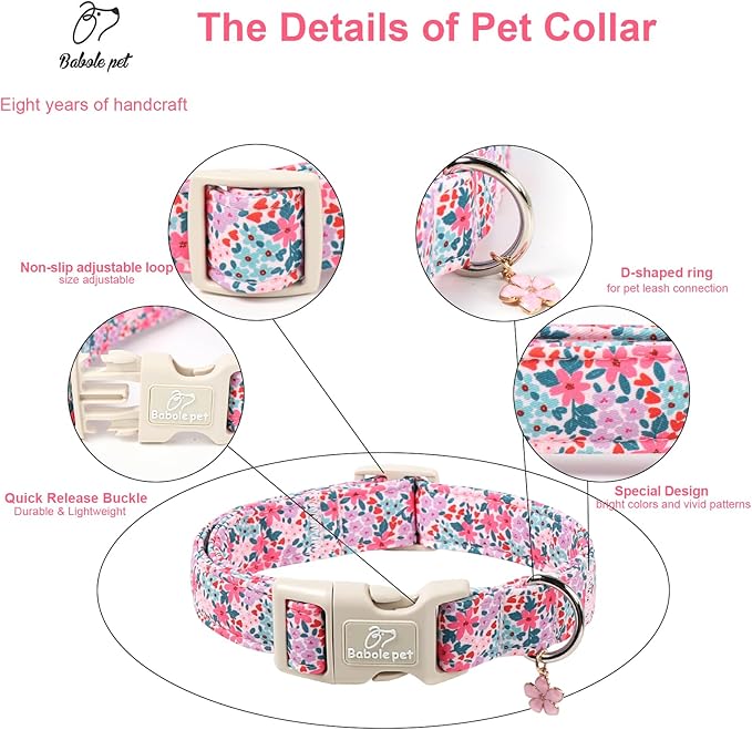 Floral Dog Collar, Cute Girl Dog Collars - Pastel Wildflowers Pattern Spring Summer Puppy Collar, Adjustable Female Dog Collars for Small Medium Large Dogs XS
