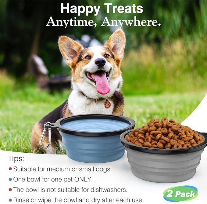 Pawaboo Collapsible Dog Bowls 2 Pack, Silicone Feeding Watering Bowls with Lids & Carabiners for Dogs Cats, Portable Water Feeder Food Bowl for Walking Traveling Home Use, Blue + Grey