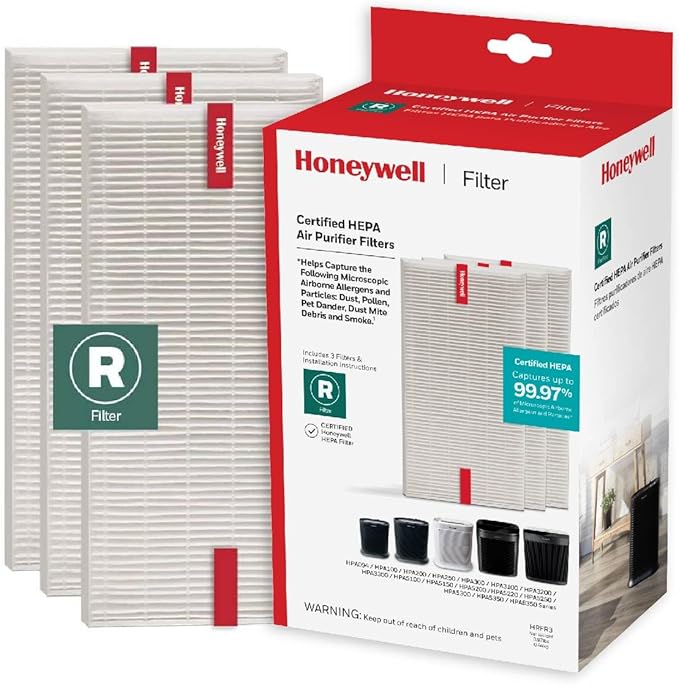 Honeywell HEPA Air Purifier Filter R, 3-Pack for HPA 100/200/300, 3000 and 5000 Series - Airborne Allergen Air Filter Replacement Targets Wildfire/Smoke, Pollen, Pet Dander, and Dust