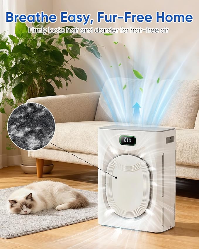 Pet Air Purifiers for Home Large Room Up to 2500 Ft², Double-Sided HEPA Air Cleaner with Washable Pre-Filter for Pet Hair Dander Odor Smoke, PM2.5 Air Quality Monitor & Auto Mode