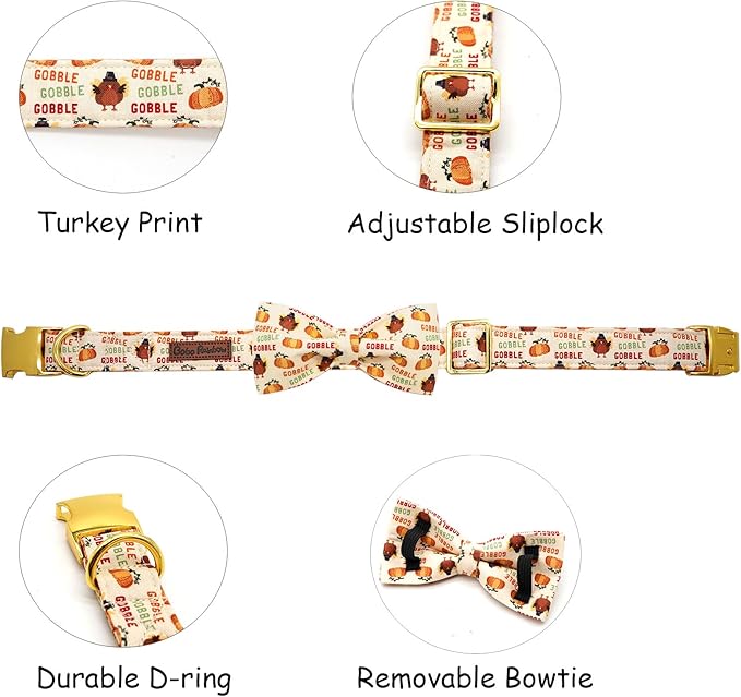 Dog Collar, Thanksgiving Turkey Pet Collar Bow Holiday Girl Boy Puppy Collar Adjustable for Large Dogs