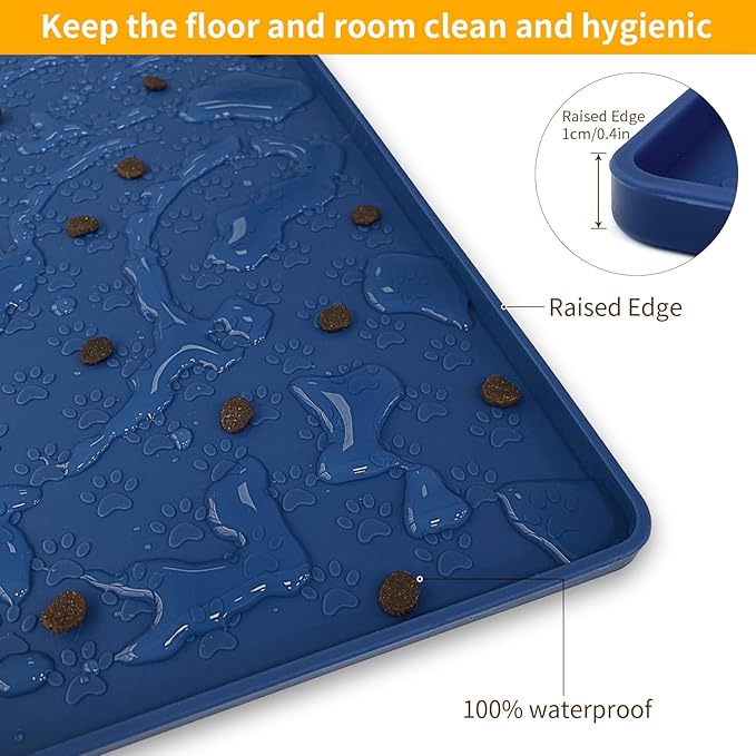 Ptlom Silicone Pet Placemat for Dog and Cat, Waterproof Non-Slip Pet Feeding Bowl Mats for Food and Water, Small Medium Large Tray Mat Prevent Residues from Spilling to Floor, Navy Blue, 18" 12"