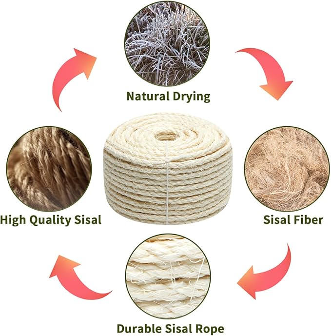 Natural Sisal Rope 1/4 Inch 6mm 164-Feet for Cat Scratching Post Tree Tower Replacement Repair and Replace, DIY Hemp Twine Rope for Cat Scratching Furniture Window Perch and Crafts Gardening