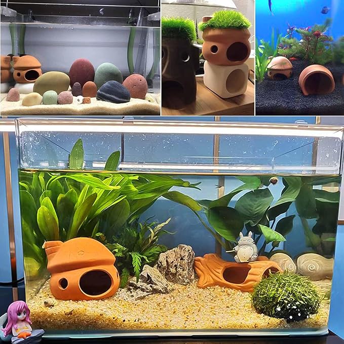 Betta Fish Tank Accessories,Pleco Caves for Aquarium,Fish Aquarium Decoration,Smalland Shrimp Breeding Cave Don't Contain Paint,Natural Ceramics Mushroom House