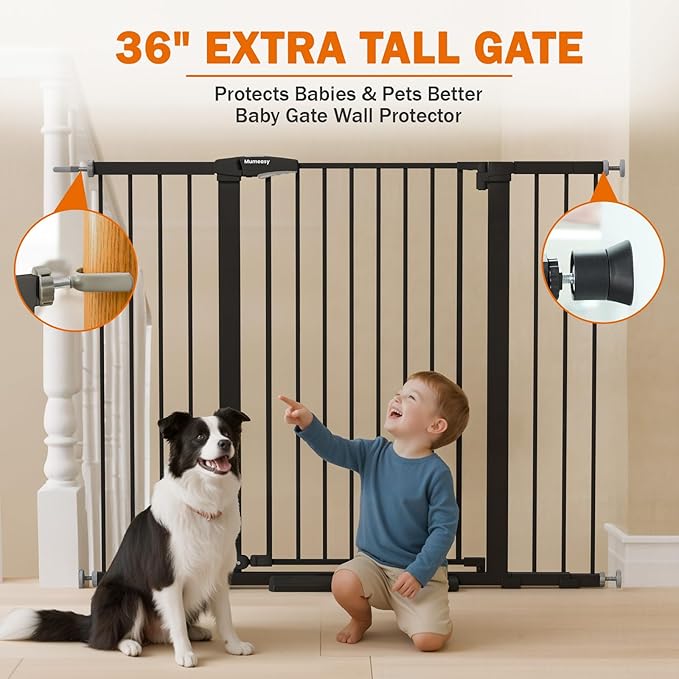 Mumeasy 36" Extra Tall Baby Gate for Stairs, 29.7-51" Wide Dog Gates Indoor for Doorways with Easy Walk Thru, Auto Close Pet Safety Gate for House, Pressure Mounted Metal Child Gate with Door, Black