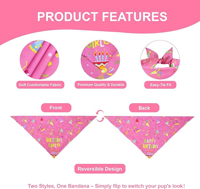 Dog Birthday Bandana Girl for Small Dogs, Reversible 2 Patterns in 1, Pink Confetti Scarf, Happy Birthday Party Outfit Puppy Gift (9-14" Neck)