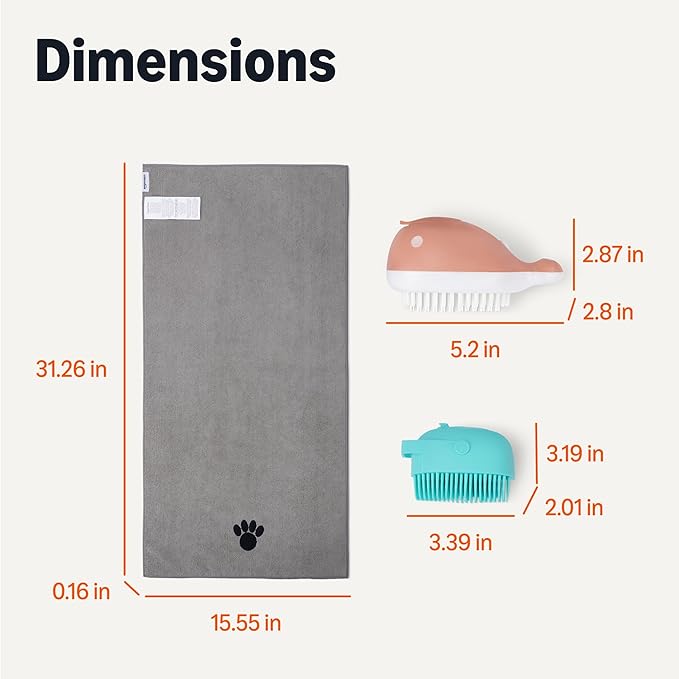 Amazon Basics Dog Bath Brush with Shampoo Dispenser and Fast Dry Towel, Blue and Orange, 3-Pack