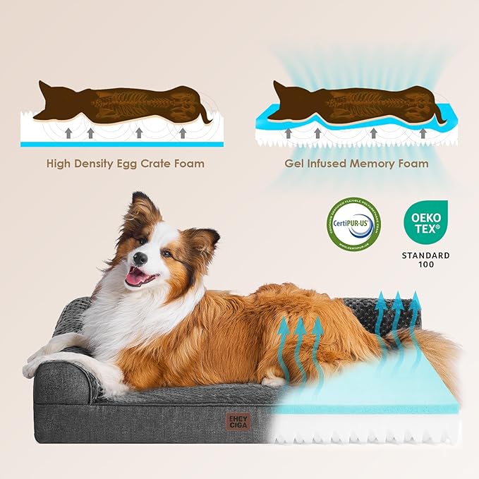 EHEYCIGA Large Dog Bed Memory Foam for Crate, Orthopedic Dog Bed Large Size Dogs with Washable Removable Cover, Waterproof Pet Sofa Couch with Nonskid Bottom, 35x22x6, Dark Grey