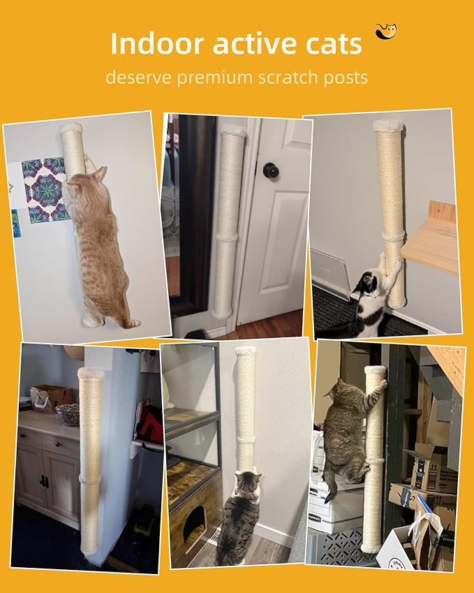 68" Cat Wall Scratcher, 2-Pcs of 34inch Tall Sisal Scratching Posts, Wall Mounted Cat Pole for Indoor Large Adult Cats Climb Stretch Play