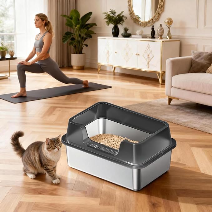 Stainless Steel Litter Box, XL Enclosed Cat Litter Boxes with Lid for Big Cats and Multi-Cats, High Sided, Anti-Urine Leakage Non-Stick Bottom Include Scoop Easy to Clean