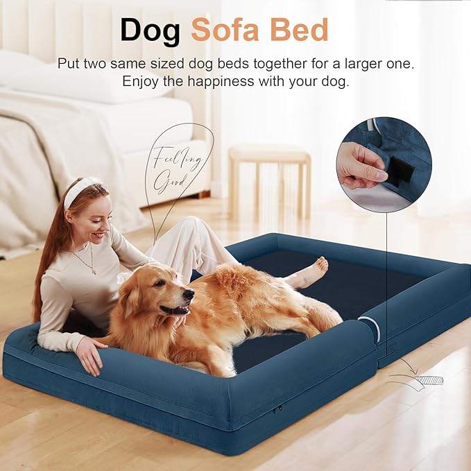 Large Dog Bed Orthopedic Washable: Beds Bolster XL Bed Large Big Dogs Egg Crate Foam Couch Sofa Waterproof with Removable Cover - Navy Blue