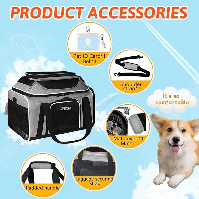 Petskd Top-Expandable Pet Carrier 18x13x9.5 Inches Southwest Airline Approved, Soft-Sided Carrier for Small Cats and Dogs with Locking Safety Zippers and Anti-Scratch Mesh(Grey)