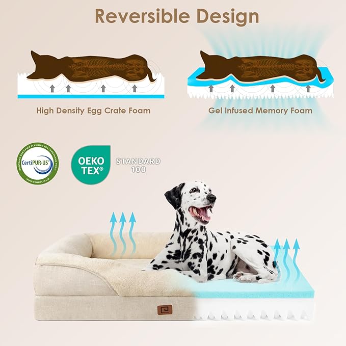 EHEYCIGA Orthopedic Dog Bed for Large Sized Dog, 36x27x7 Inch Large Memory Foam Dog Couch Bed with Sides, Waterproof Liner & Washable Removable Cover, Bolster Pet Sofa, Beige