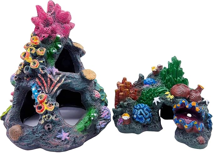 Tfwadmx Aquarium Coral Decoration Resin Fish Tank Hiding Mountain Cave Betta Hideaway House Rock Reef Ornament, 2 Pack.