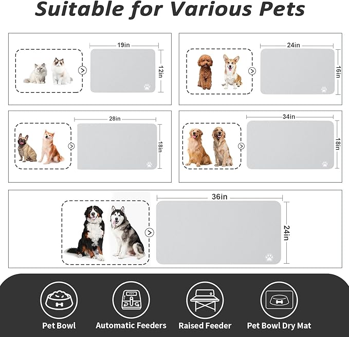 Dog Food Mat - Absorbent Cat Mat for Food and Water, No Stains Pet Feeding Bowl Mat, Easy to Clean Pet Placemats, Quick Dry Dog Water Dispenser Mat for Messy Drinkers | Paw Light Grey 16"x 24"
