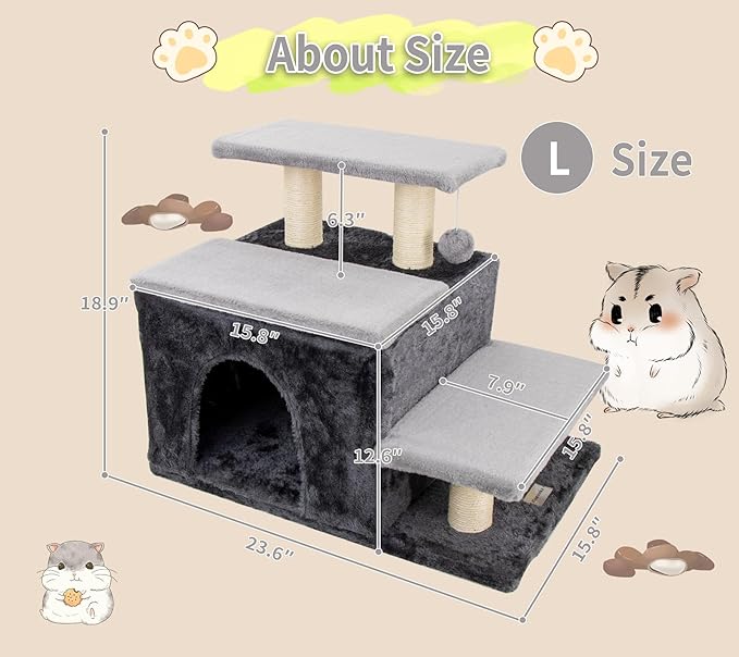 3-in-1 Pet Stairs for Cats for High Bed, Adjustable Dog Steps, Modular 3-Tier, Cushioned Steps & Big Cat Condo, Adjustable Entrance, Dangling Ball, for Kittens, Senior & Fat Cats (Grey, Large)