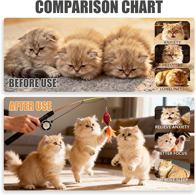 Cat Toys Interactive for Indoor Cats Wand Retractable Fishing Pole with Fish and Feather,Teaser Kitten Toy Bored Adult Pet for Enrichment Playtime Fun,Promotes Healthy Exercise