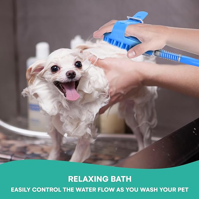 Black Rhino Dog Shower Attachment 2-in-1 Sprayer and Scrubber - Slip on Dog Wash with Hose and Shower Attachment - Indoor/Outdoor Pet Bathing and Grooming - Fast and Easy at Home Dog Cleaning, Blue